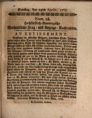 Hochfürstlich-Bambergische wochentliche Frag- und Anzeigenachrichten Dienstag 19. April 1768