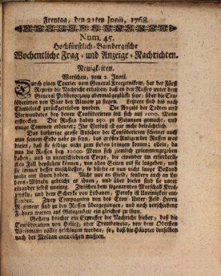 Hochfürstlich-Bambergische wochentliche Frag- und Anzeigenachrichten Dienstag 21. Juni 1768