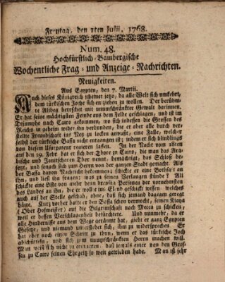 Hochfürstlich-Bambergische wochentliche Frag- und Anzeigenachrichten Freitag 1. Juli 1768