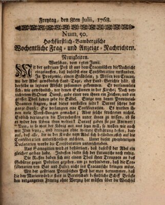 Hochfürstlich-Bambergische wochentliche Frag- und Anzeigenachrichten Freitag 8. Juli 1768