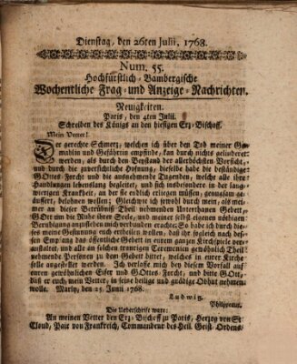 Hochfürstlich-Bambergische wochentliche Frag- und Anzeigenachrichten Dienstag 26. Juli 1768