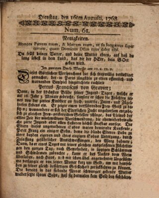 Hochfürstlich-Bambergische wochentliche Frag- und Anzeigenachrichten Dienstag 16. August 1768