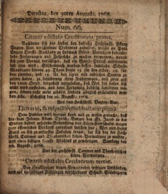 Hochfürstlich-Bambergische wochentliche Frag- und Anzeigenachrichten Dienstag 30. August 1768