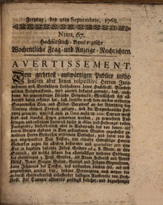 Hochfürstlich-Bambergische wochentliche Frag- und Anzeigenachrichten Freitag 2. September 1768