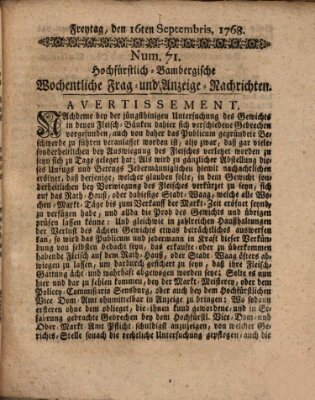 Hochfürstlich-Bambergische wochentliche Frag- und Anzeigenachrichten Freitag 16. September 1768