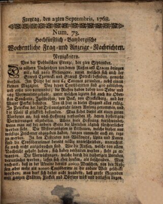 Hochfürstlich-Bambergische wochentliche Frag- und Anzeigenachrichten Freitag 23. September 1768