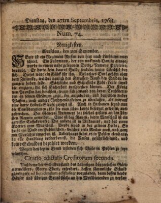 Hochfürstlich-Bambergische wochentliche Frag- und Anzeigenachrichten Dienstag 27. September 1768