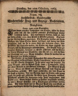 Hochfürstlich-Bambergische wochentliche Frag- und Anzeigenachrichten Dienstag 11. Oktober 1768