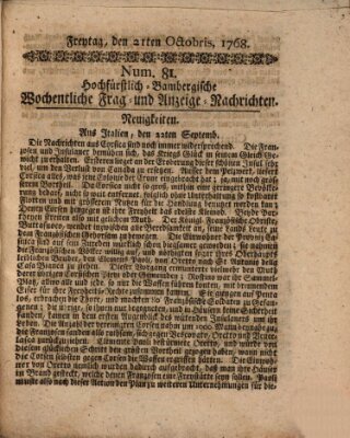 Hochfürstlich-Bambergische wochentliche Frag- und Anzeigenachrichten Freitag 21. Oktober 1768