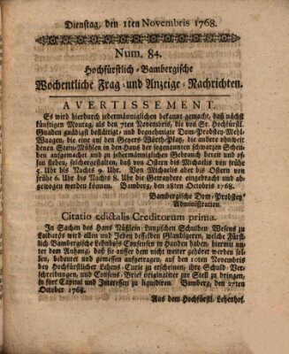 Hochfürstlich-Bambergische wochentliche Frag- und Anzeigenachrichten Dienstag 1. November 1768