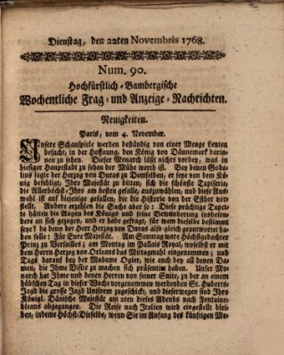 Hochfürstlich-Bambergische wochentliche Frag- und Anzeigenachrichten Dienstag 22. November 1768