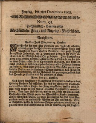 Hochfürstlich-Bambergische wochentliche Frag- und Anzeigenachrichten Freitag 2. Dezember 1768