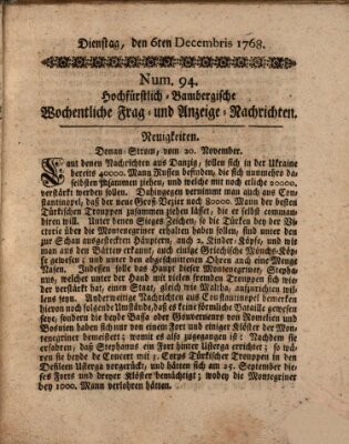 Hochfürstlich-Bambergische wochentliche Frag- und Anzeigenachrichten Dienstag 6. Dezember 1768