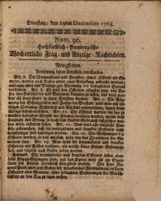 Hochfürstlich-Bambergische wochentliche Frag- und Anzeigenachrichten Dienstag 13. Dezember 1768