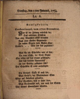 Hochfürstlich-Bambergische wochentliche Frag- und Anzeigenachrichten Dienstag 11. Januar 1774