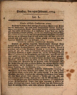 Hochfürstlich-Bambergische wochentliche Frag- und Anzeigenachrichten Dienstag 15. Februar 1774