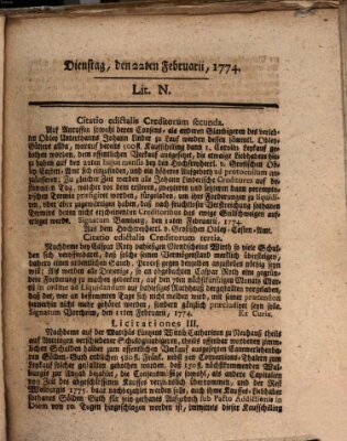 Hochfürstlich-Bambergische wochentliche Frag- und Anzeigenachrichten Dienstag 22. Februar 1774