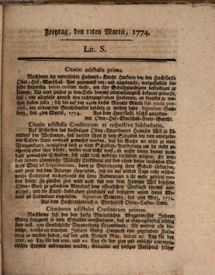 Hochfürstlich-Bambergische wochentliche Frag- und Anzeigenachrichten Freitag 11. März 1774