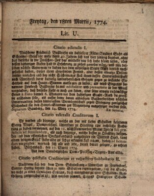 Hochfürstlich-Bambergische wochentliche Frag- und Anzeigenachrichten Freitag 18. März 1774