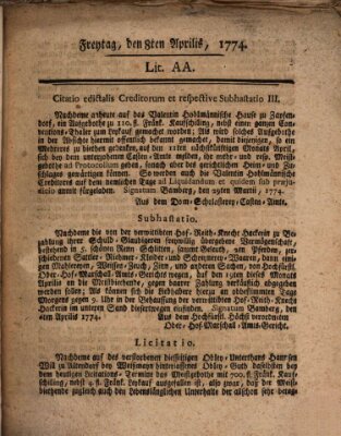 Hochfürstlich-Bambergische wochentliche Frag- und Anzeigenachrichten Freitag 8. April 1774