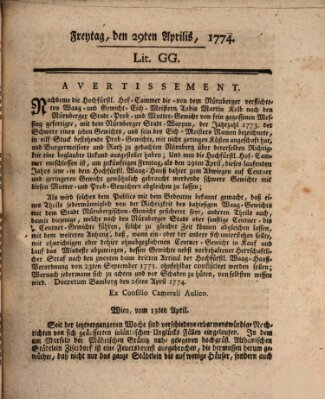 Hochfürstlich-Bambergische wochentliche Frag- und Anzeigenachrichten Freitag 29. April 1774