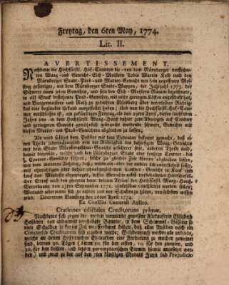 Hochfürstlich-Bambergische wochentliche Frag- und Anzeigenachrichten Freitag 6. Mai 1774