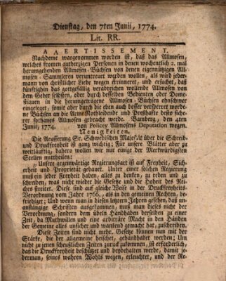 Hochfürstlich-Bambergische wochentliche Frag- und Anzeigenachrichten Dienstag 7. Juni 1774