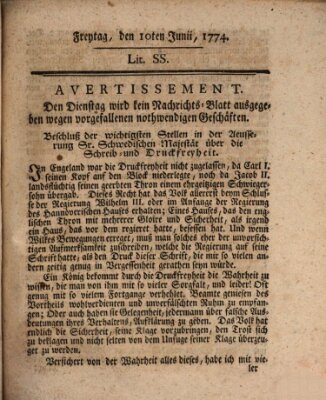 Hochfürstlich-Bambergische wochentliche Frag- und Anzeigenachrichten Freitag 10. Juni 1774