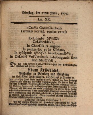 Hochfürstlich-Bambergische wochentliche Frag- und Anzeigenachrichten Dienstag 21. Juni 1774