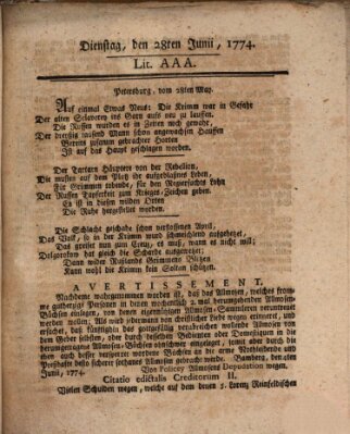 Hochfürstlich-Bambergische wochentliche Frag- und Anzeigenachrichten Dienstag 28. Juni 1774