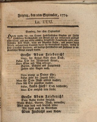 Hochfürstlich-Bambergische wochentliche Frag- und Anzeigenachrichten Freitag 2. September 1774