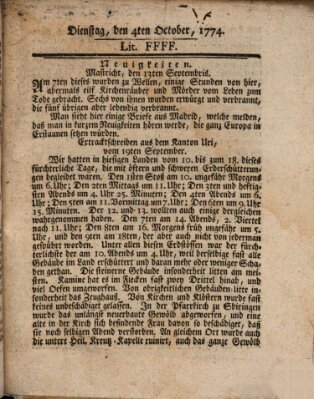 Hochfürstlich-Bambergische wochentliche Frag- und Anzeigenachrichten Dienstag 4. Oktober 1774