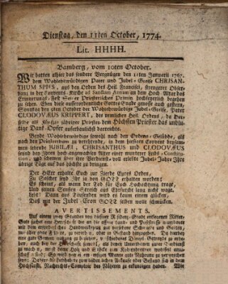 Hochfürstlich-Bambergische wochentliche Frag- und Anzeigenachrichten Dienstag 11. Oktober 1774