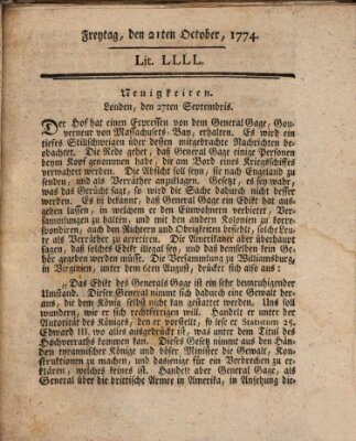 Hochfürstlich-Bambergische wochentliche Frag- und Anzeigenachrichten Freitag 21. Oktober 1774