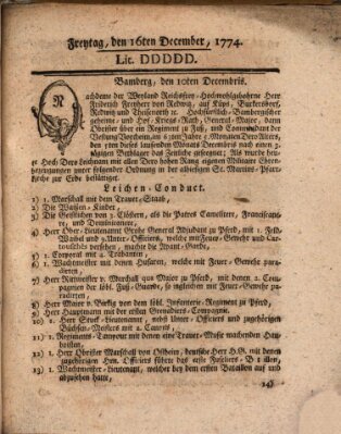 Hochfürstlich-Bambergische wochentliche Frag- und Anzeigenachrichten Freitag 16. Dezember 1774