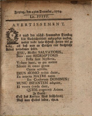 Hochfürstlich-Bambergische wochentliche Frag- und Anzeigenachrichten Freitag 23. Dezember 1774