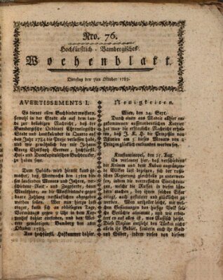 Hochfürstlich-Bambergische wochentliche Frag- und Anzeigenachrichten Dienstag 7. Oktober 1783