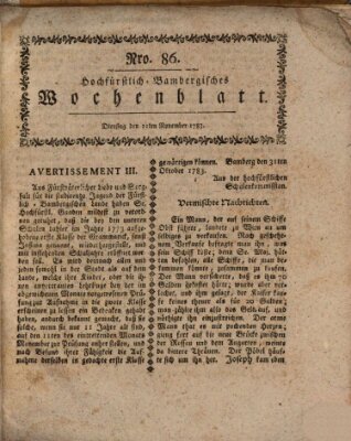 Hochfürstlich-Bambergische wochentliche Frag- und Anzeigenachrichten Dienstag 11. November 1783