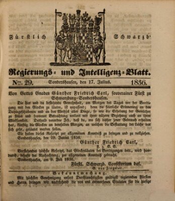 Fürstlich Schwarzburgisches Regierungs- und Intelligenz-Blatt Sonntag 17. Juli 1836