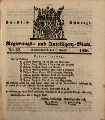 Fürstlich Schwarzburgisches Regierungs- und Intelligenz-Blatt Sonntag 7. August 1836