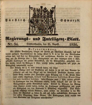 Fürstlich Schwarzburgisches Regierungs- und Intelligenz-Blatt Sonntag 21. August 1836