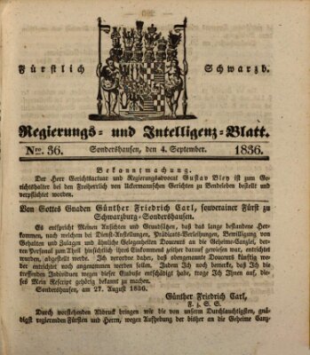 Fürstlich Schwarzburgisches Regierungs- und Intelligenz-Blatt Sonntag 4. September 1836