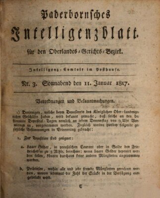 Paderbornsches Intelligenzblatt Samstag 11. Januar 1817