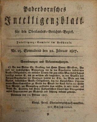 Paderbornsches Intelligenzblatt Samstag 22. Februar 1817