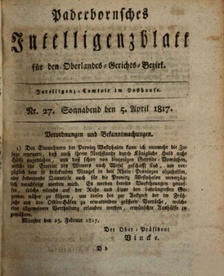 Paderbornsches Intelligenzblatt Samstag 5. April 1817