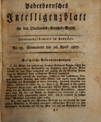 Paderbornsches Intelligenzblatt Samstag 26. April 1817