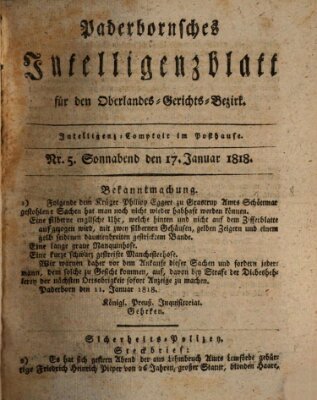 Paderbornsches Intelligenzblatt Samstag 17. Januar 1818