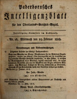 Paderbornsches Intelligenzblatt Mittwoch 25. Februar 1818