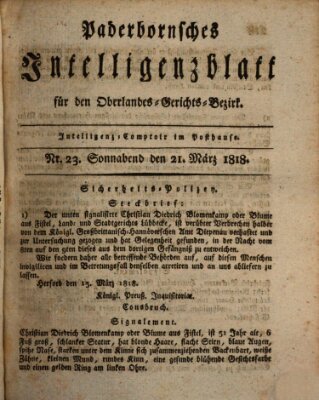 Paderbornsches Intelligenzblatt Samstag 21. März 1818