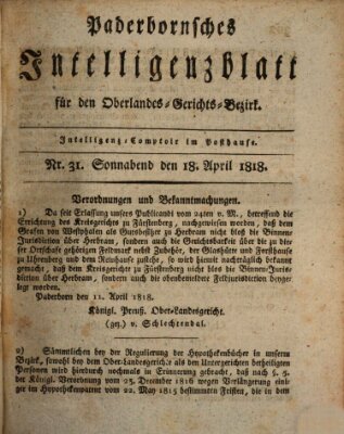 Paderbornsches Intelligenzblatt Samstag 18. April 1818